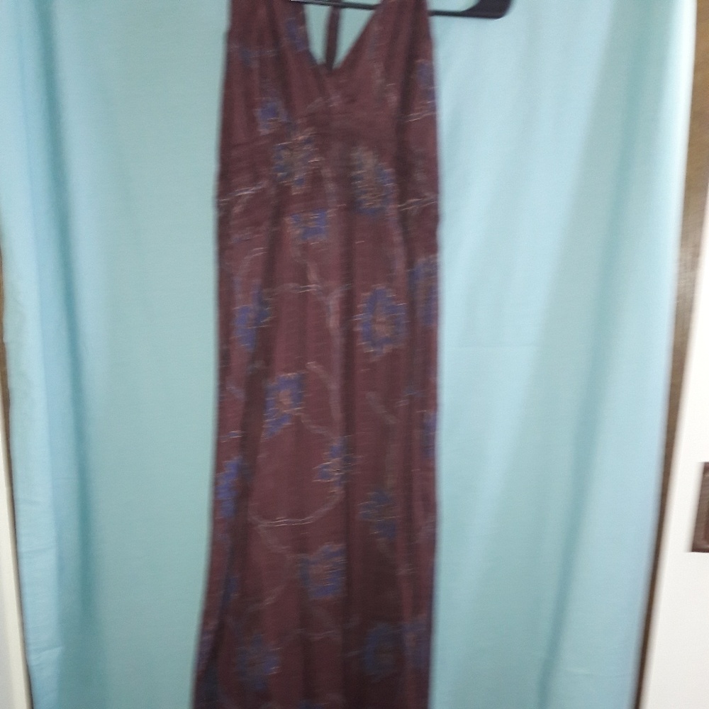 Brown halter with blue floral print swimsuit cover